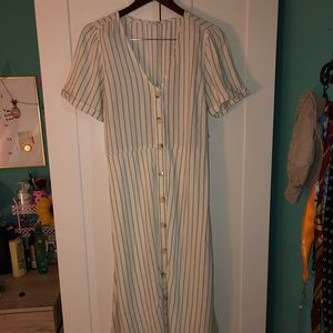 White w/ Blue Striped Midi Dress